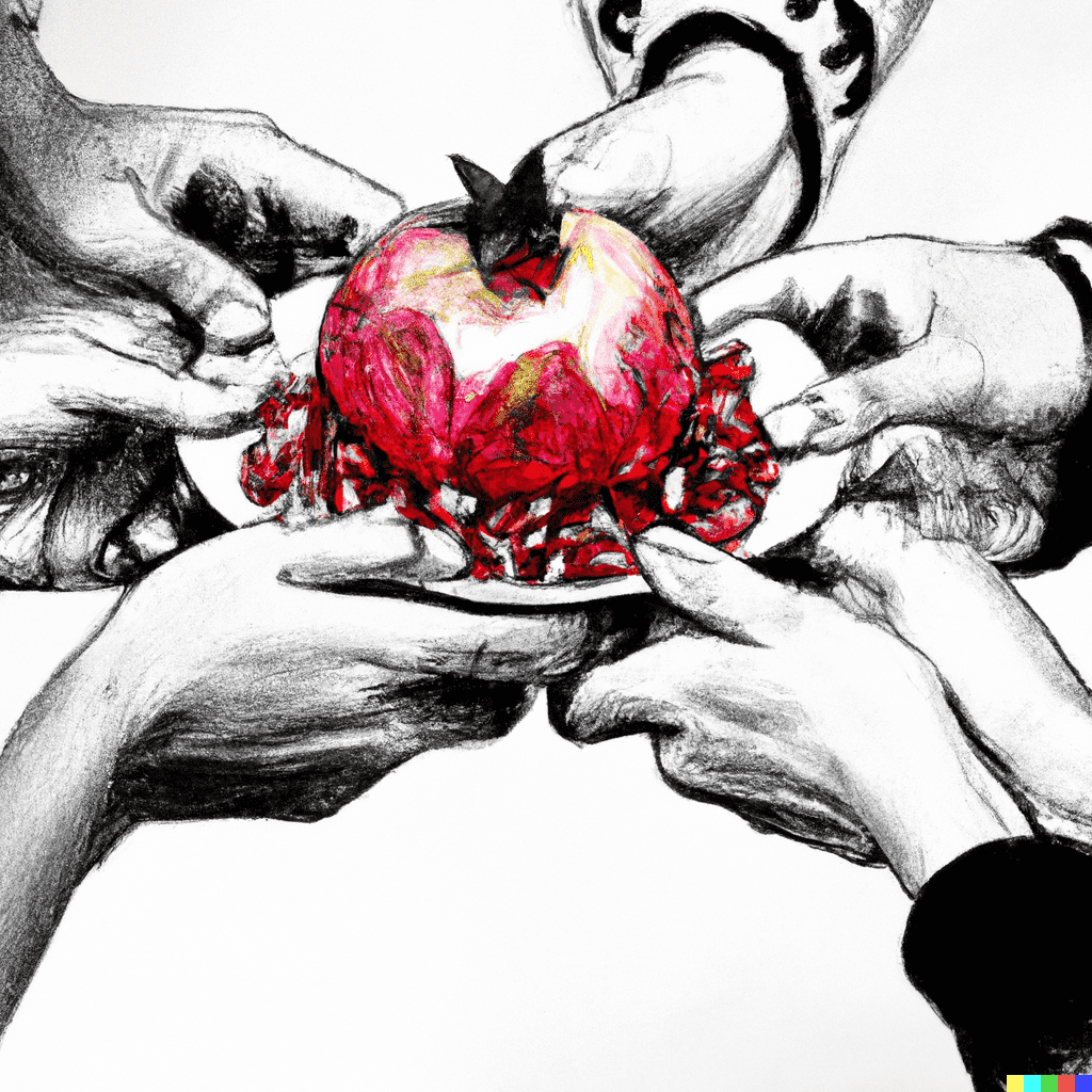 AI generated pencil sketch of multiple hands holding one plate with a red Pomegranite in the centre